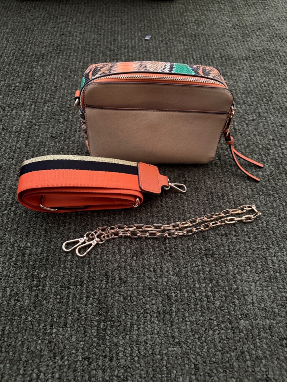 Faux Leather Neutral Beige Crossbody Bag with Orange Accent Strap